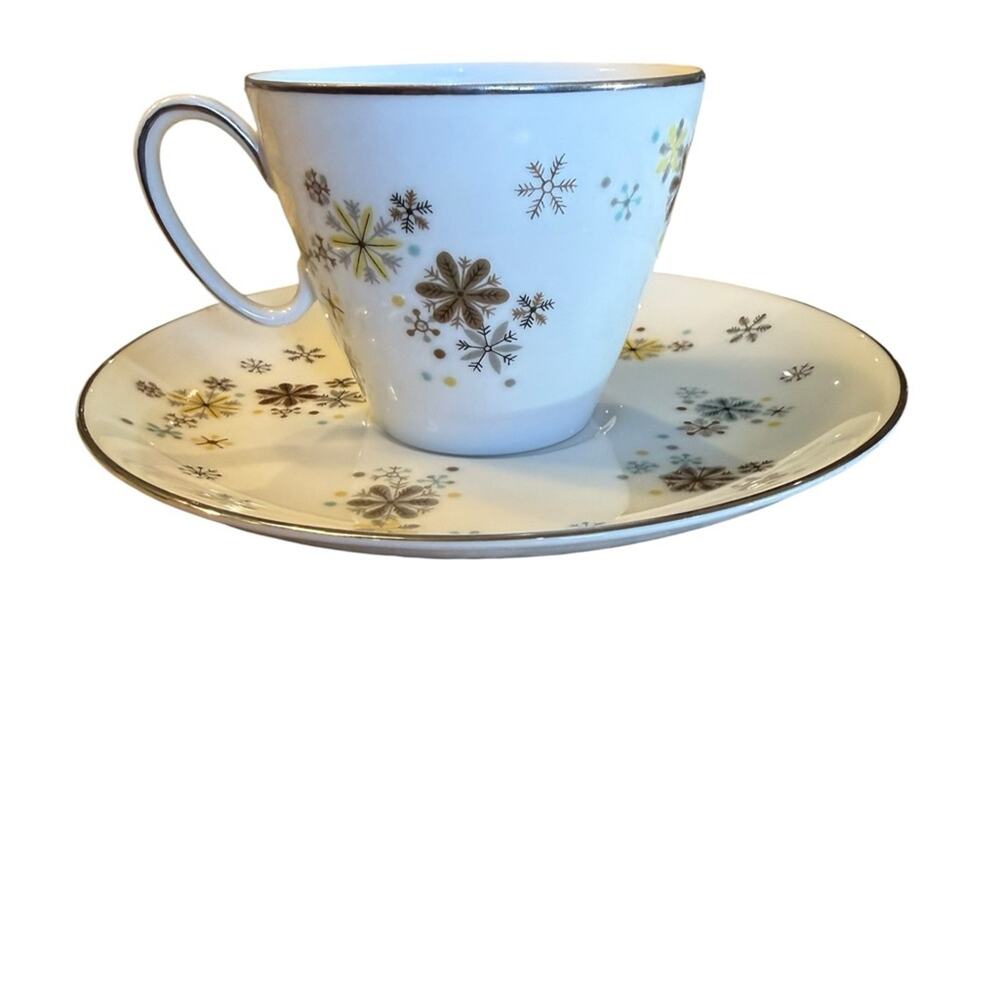 Vintage MCM Noritake Atomic Snowflake Teacup & Saucer with Metallic Trim